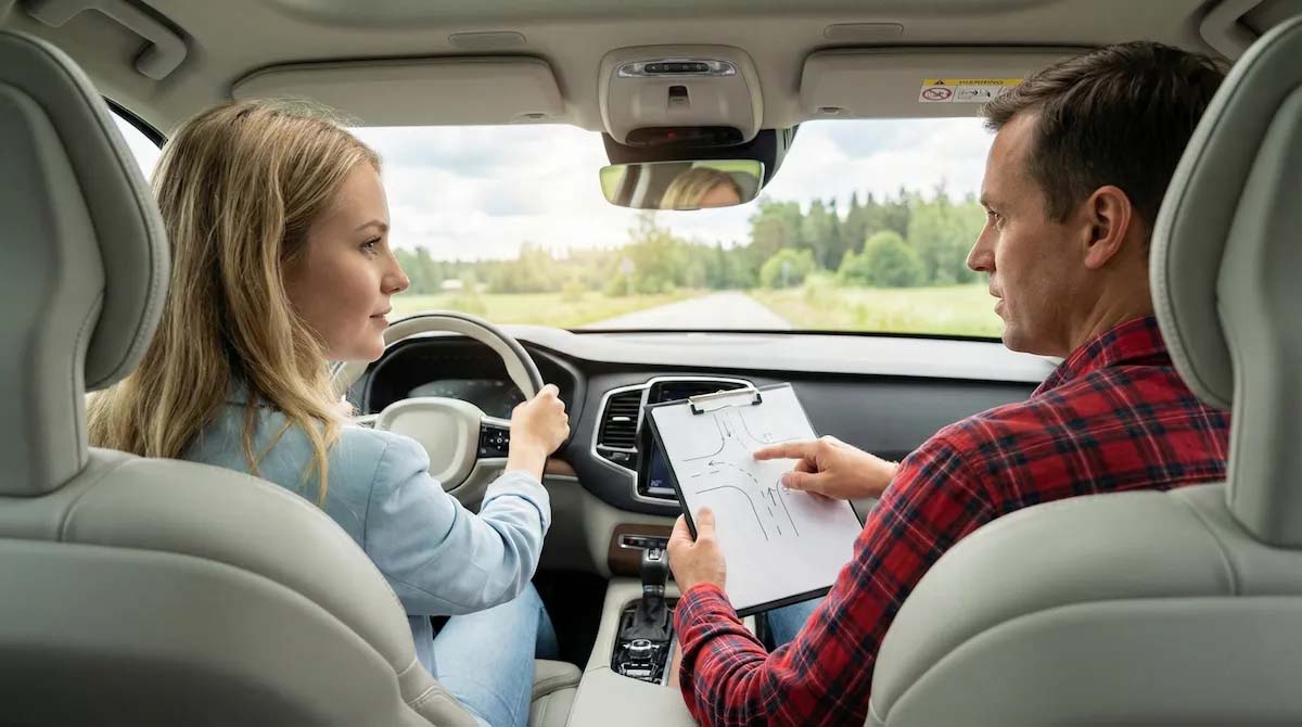Pedagogisk förklaring av trafikregler under en körlektion, representerar vår tydliga metodik för automatkörkort.